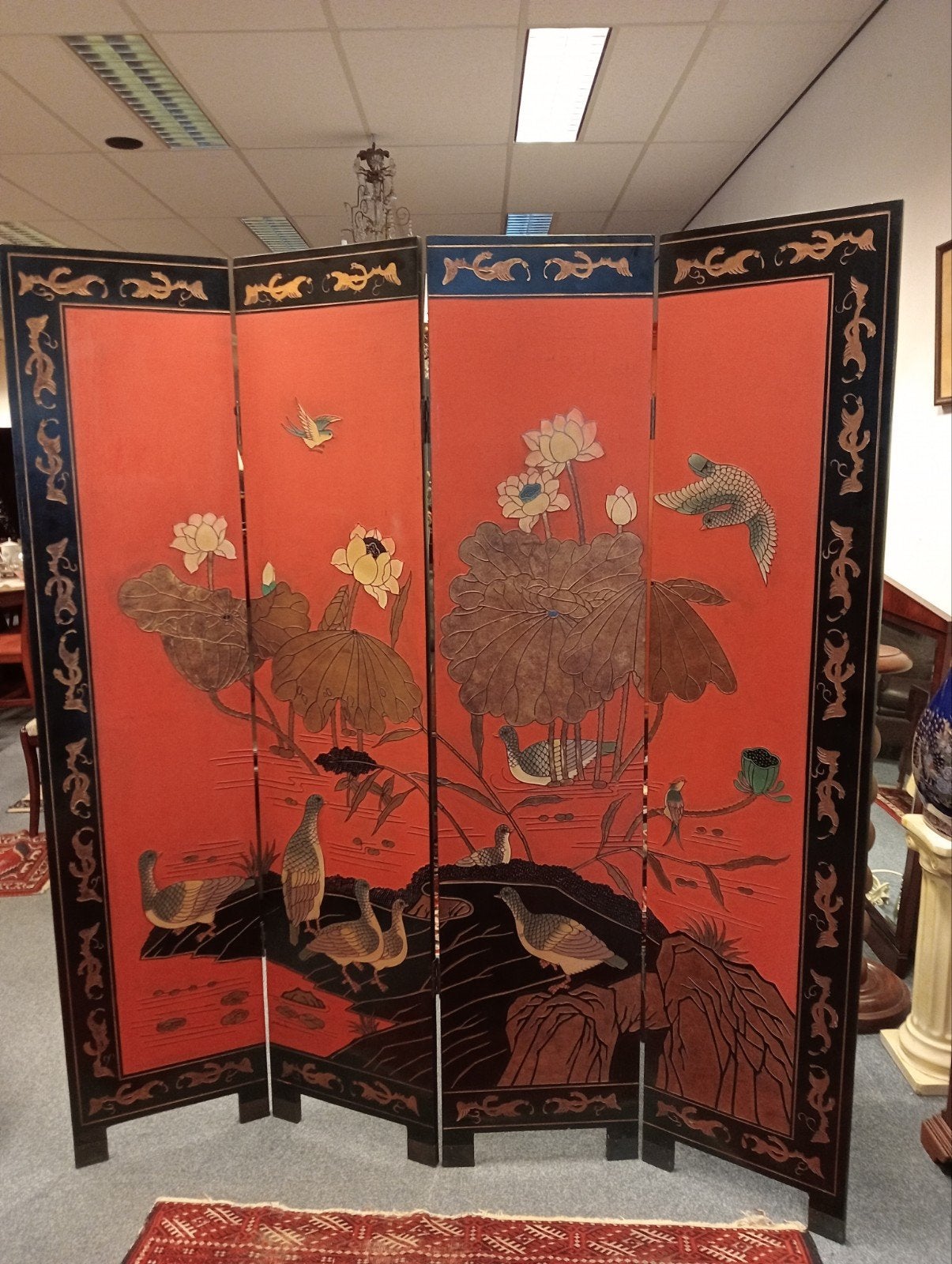 Prachtig Chinees kamerscherm, rood met vogels en bamboe, Ophalen of Verzenden, Chinees, Chinees, Chinees