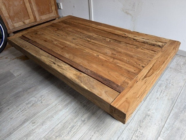 Teaken salontafel oud hout, Ophalen, Gebruikt, 100 tot 150 cm, Teakhout