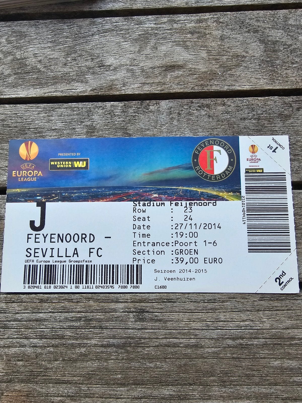 Kaartje feyenoord-sevilla fc 27-11-2014 europa league, Verzenden, Feyenoord