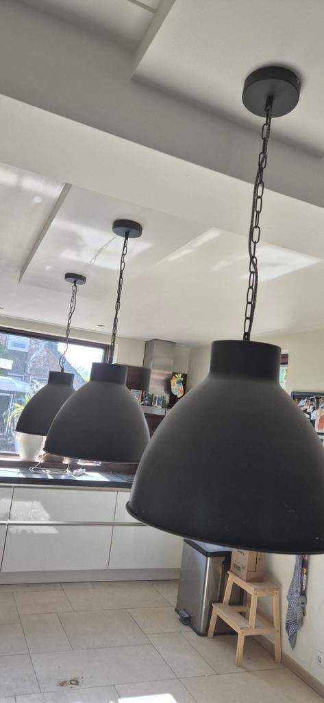 Set van 3 industriële antraciete hanglampen, Ophalen, Industrieel, Modern, Zo goed als nieuw, Metaal