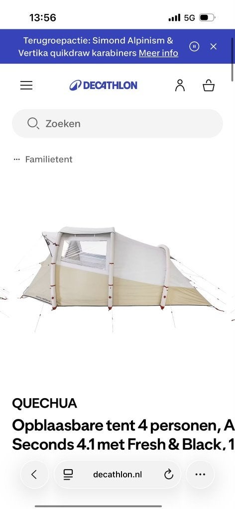 QUECHUA - Opblaasbare tent 4 personen - met Fresh & Black, Caravans en Kamperen, Tenten, Ophalen, Zo goed als nieuw, Tot en met 4