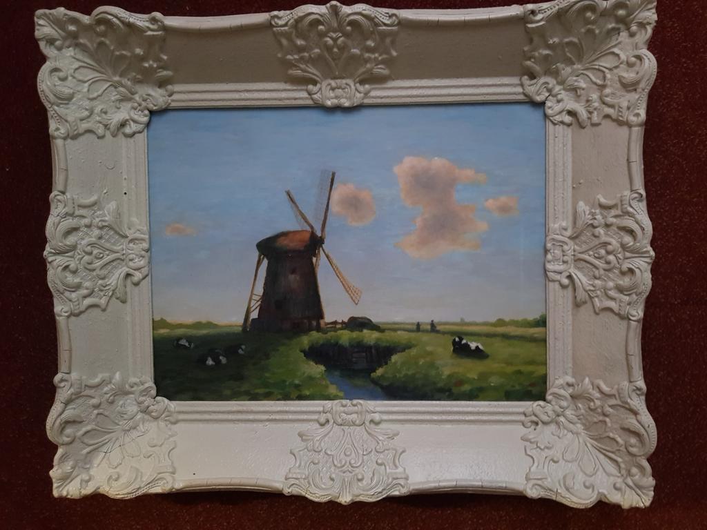 Schilderij, polder met molen., Ophalen