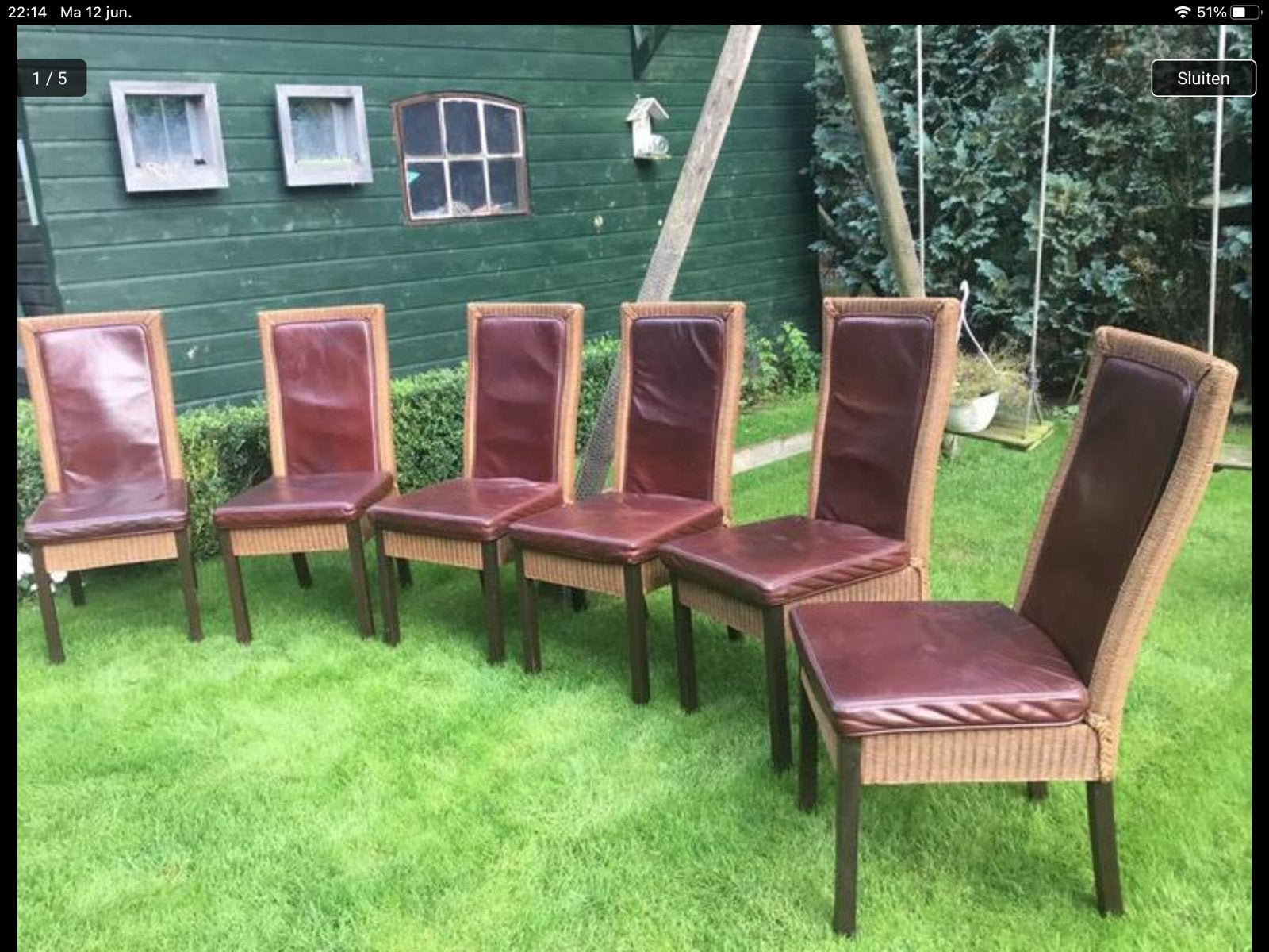 6 eetkamer stoelen, leer, riet, hout, merk: loom, Ophalen, Gebruikt, Bruin, Vijf, Zes of meer stoelen