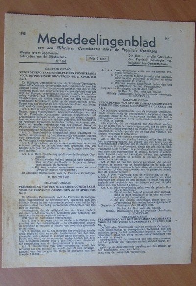 Mededeelingenblad Militaire Commissaris Groningen 1945 nr. 1, Verzenden, 1945 tot heden, Gelezen, Landmacht