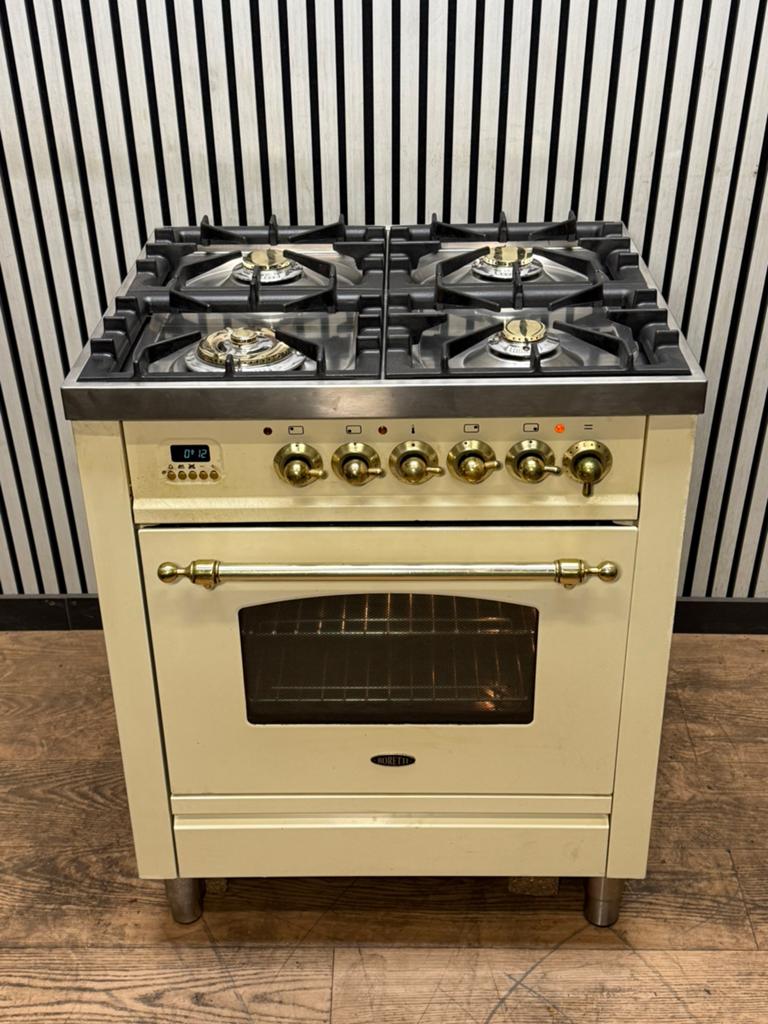 Luxe Boretti Fornuis 4pits met Gasoven creme 70x60 cm, Fornello Esperta, Zo goed als nieuw, Energieklasse A of zuiniger, Gas
