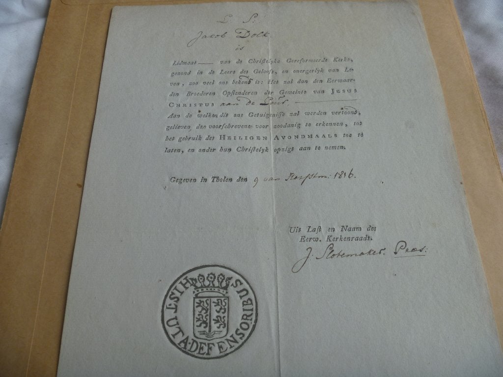 Document Tholen.Leur.Geloofsverklaring.1816.Jacob Dolk, Ophalen of Verzenden
