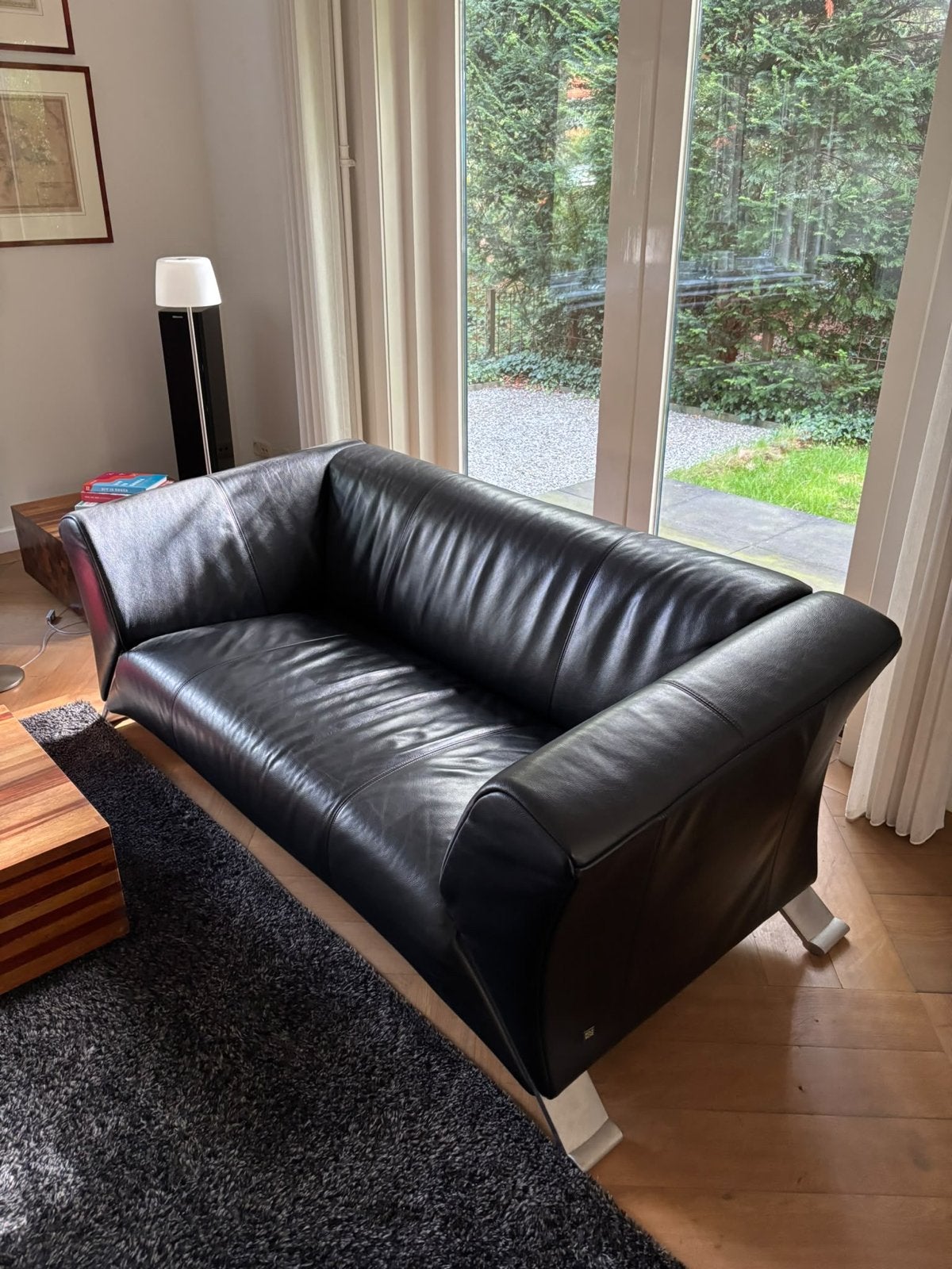 Rolf Benz bank, stoel en hocker - Zwart leer, Gebruikt, 150 tot 200 cm, Tweepersoons, Ophalen of Verzenden