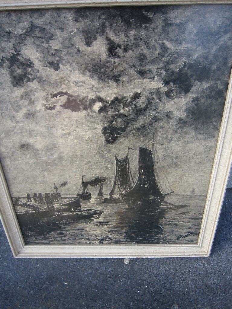 UITVARENDE/Binnenkom. Zeilschepen Mooie Houtsnede Aquarel, Antiek en Kunst, Ophalen, Maritiem / water
