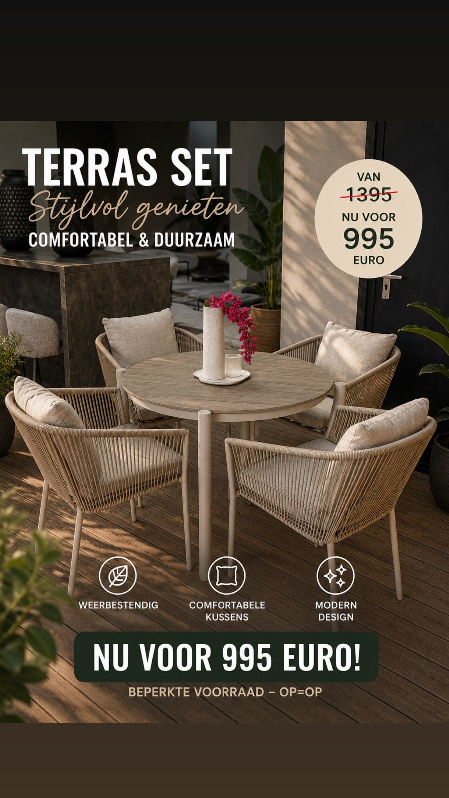 Moderne en comfortabele terrasset - Stijlvol genieten, Ophalen of Verzenden, Nieuw, 4 zitplaatsen, Tuinset