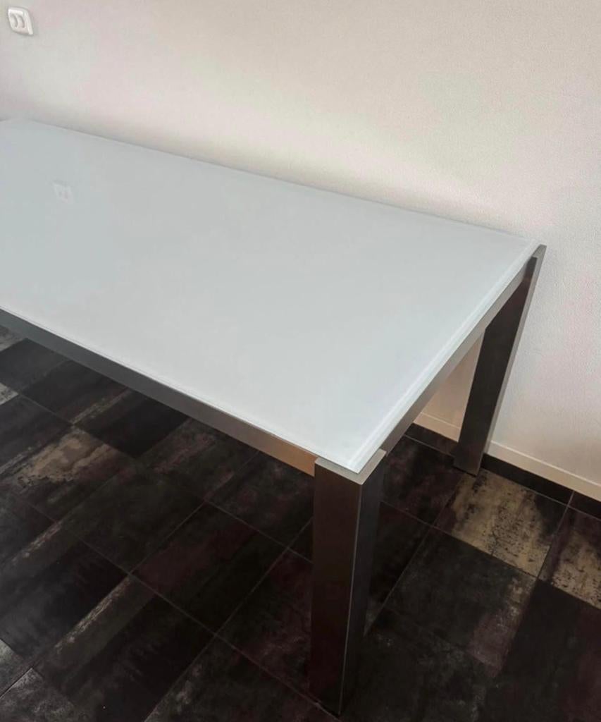 Glazen eettafel met zilverkleurige poten RVS, Huis en Inrichting, Tafels | Eettafels, Ophalen, Gebruikt, 200 cm of meer, 50 tot 100 cm