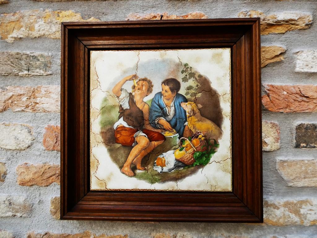 2 Tegels De Taarteters Dobbelaars dobbelen Esteban Murillo, Antiek en Kunst, Ophalen of Verzenden