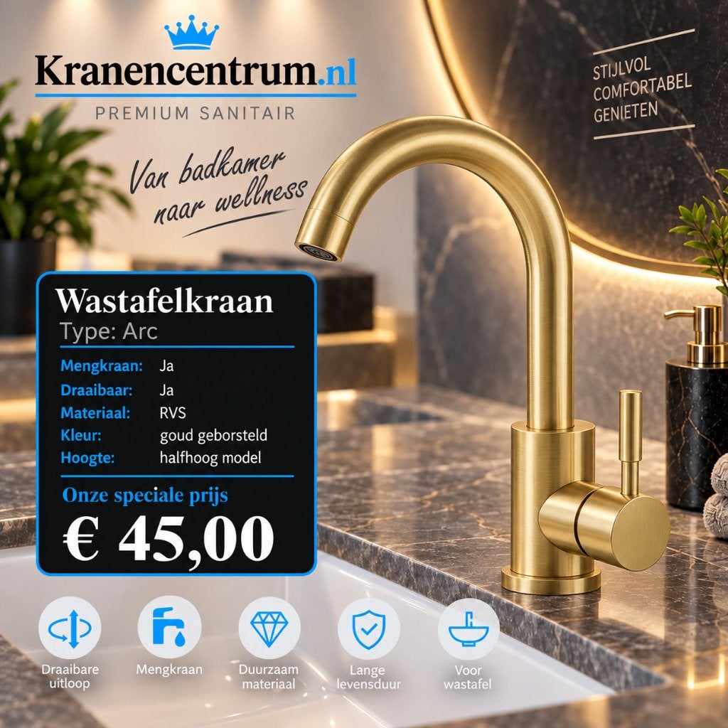 wastafelkraan Goud geborsteld type; ARC Half hoog model, Ophalen of Verzenden, Nieuw, Rvs, Kraan