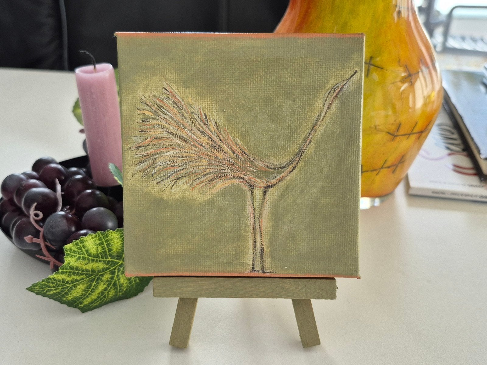 Vogel schilderij groen 10x10cm nieuw handmade seizoenstafel, Minder dan 50 cm, Oorspronkelijke maker, Nieuw, Ophalen of Verzenden