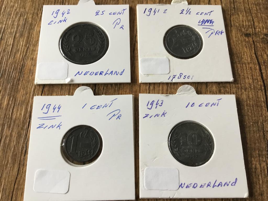Munten lot 4 stuks zink uit de 2e Wereldoorlog Nederland, Ophalen of Verzenden, Koningin Wilhelmina, 10 cent