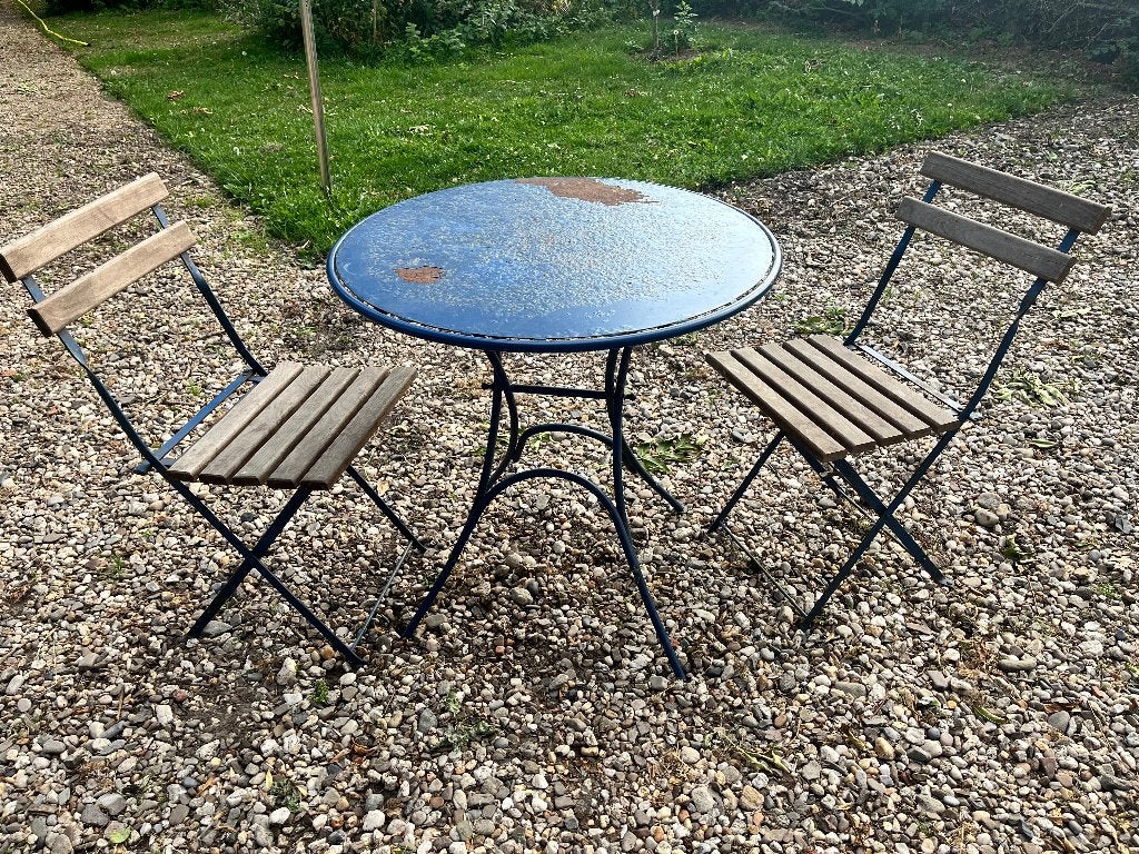 terrastafeltje en twee stoelen, Ophalen, Gebruikt, Hout, Inklapbaar