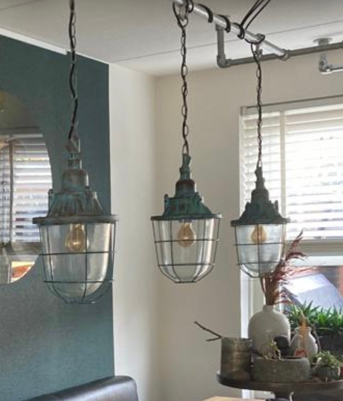 3x  Hanglamp  - 22cm doorsnee, 34cm hoog, Huis en Inrichting, Ophalen, Gebruikt, Metaal, E27 (groot)
