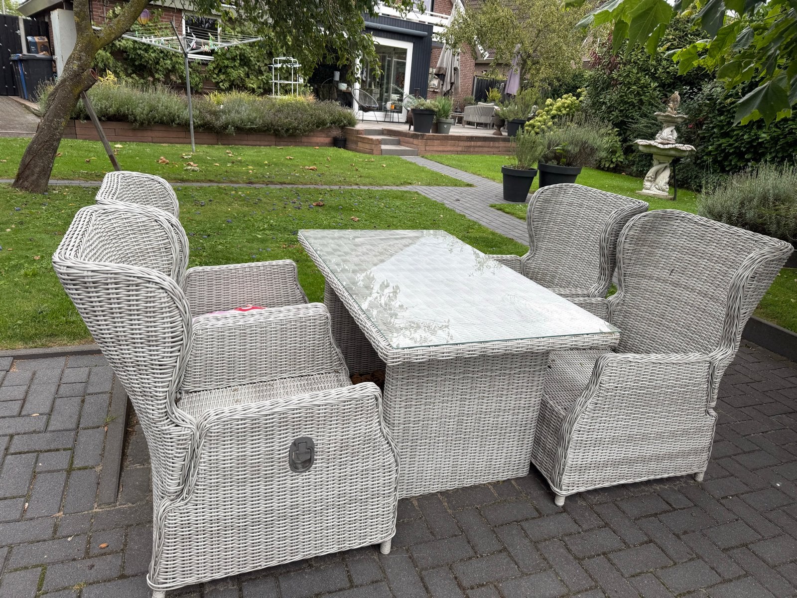 Luxe Wicker Tuinset met (Lig)stoelen en Kussens, Ophalen, 4 zitplaatsen, Gebruikt, Wicker