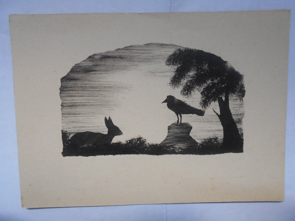 Oude Silhouet Ansichtkaarten Jongen met Ganzen Haas en Kraai, Ophalen of Verzenden, Voor 1920, Ongelopen, Natuur