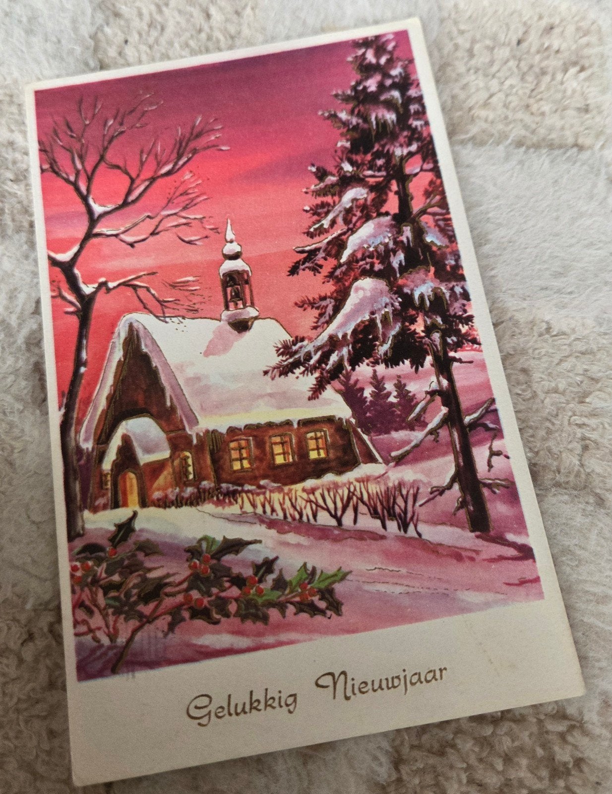 Vintage Kerstkaart 'Gelukkig Nieuwjaar' (1940-1960), Verzenden, 1940 tot 1960, Gelopen, Feest(dag)
