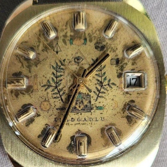 Vintage 14K Gouden Horloge Vrijmetselaar Symboliek, ETA 2, Overige merken, Verzenden, Polshorloge, 1960 of later