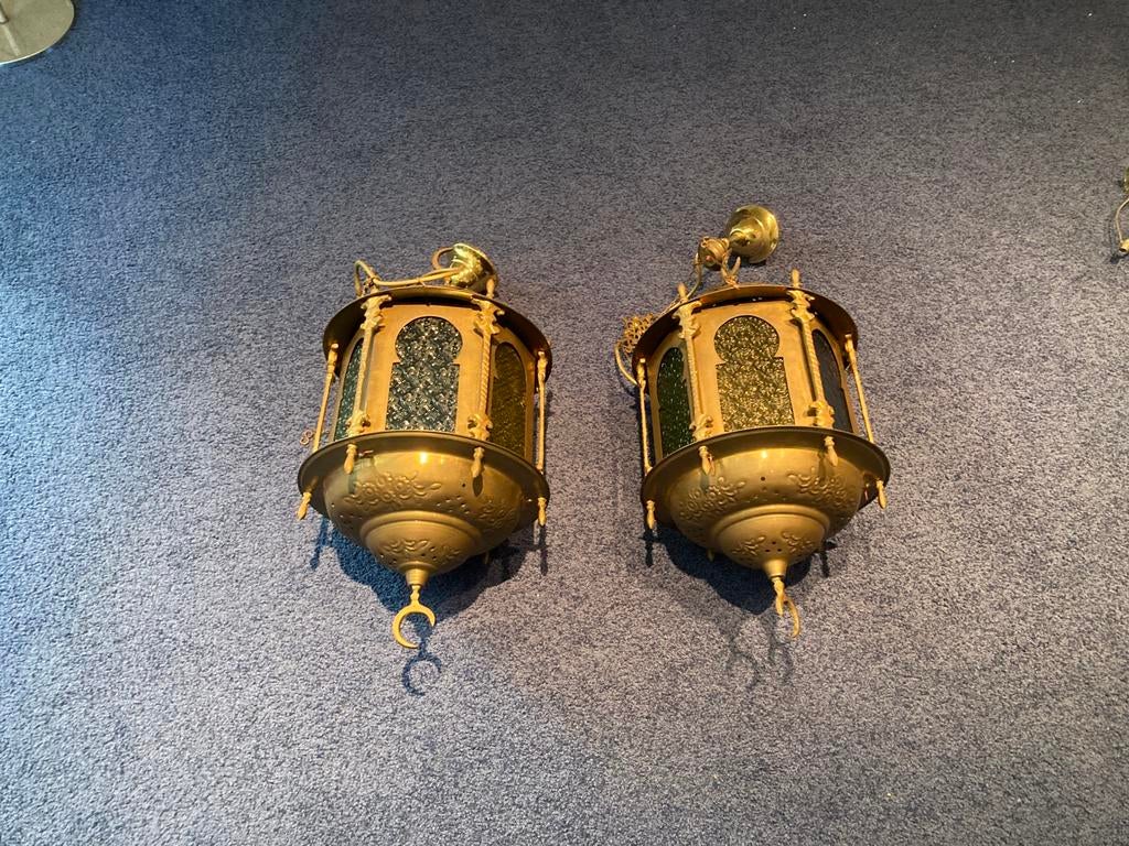 Twee mooie koperen lampen met gekleurd glas uit Tunesië., Ophalen, Zo goed als nieuw, Glas