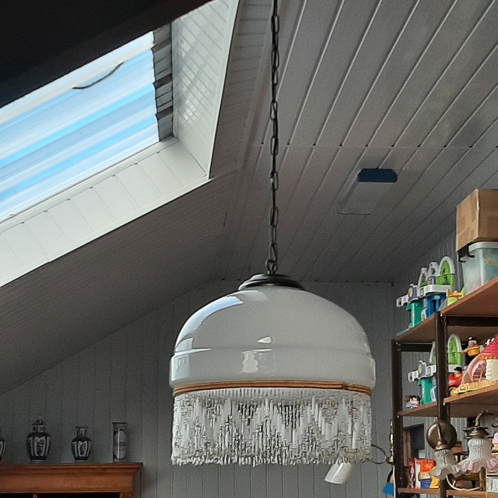 Klassieke hanglamp met kralenrand vintage, elektrisch, Ophalen, Gebruikt, Glas, Minder dan 50 cm