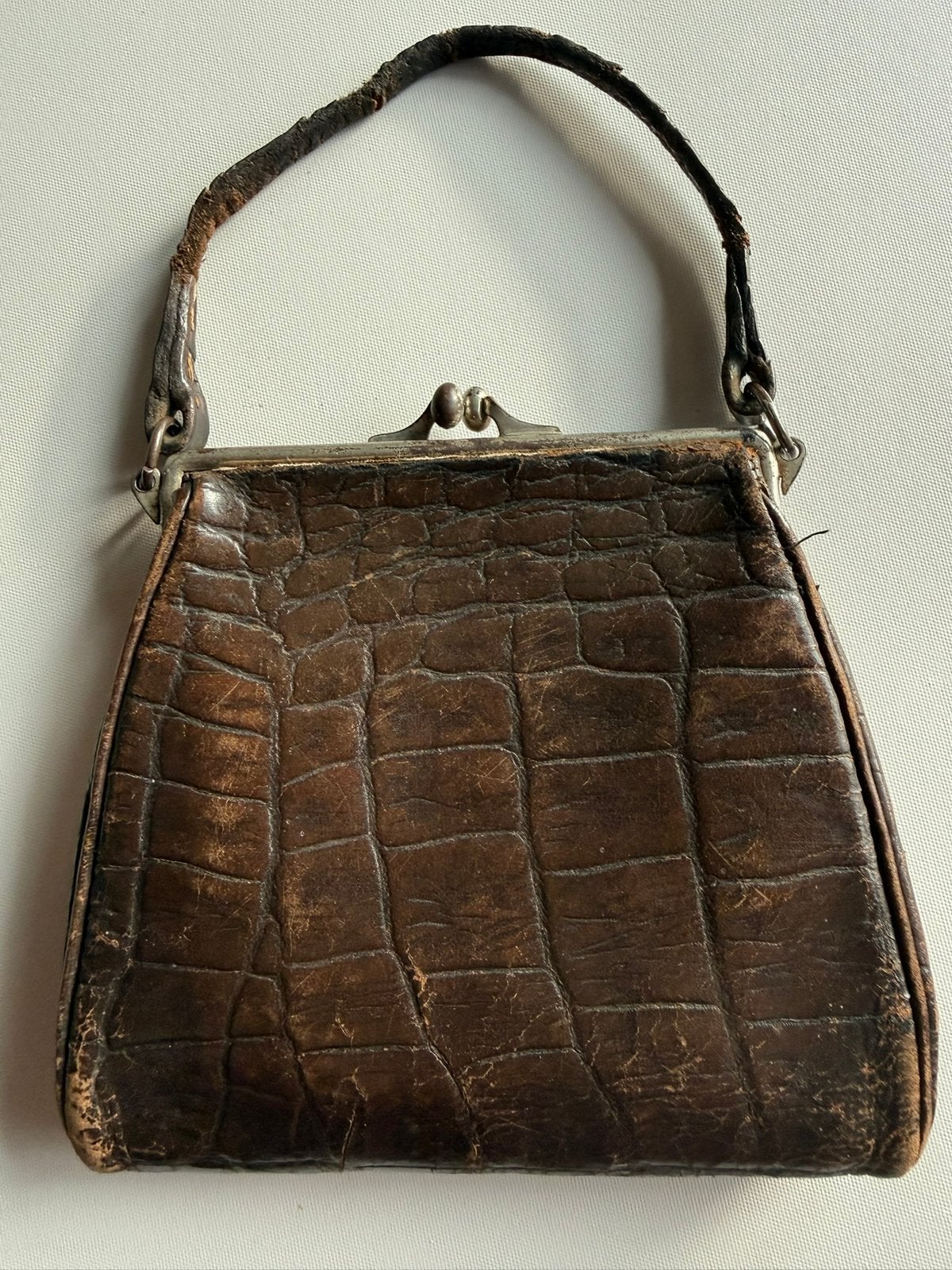 Vintage/Jaren 30/50 avondtasje Echt caiman/krokodillenleer, Gebruikt, Bruin, Onbekend, Ophalen of Verzenden