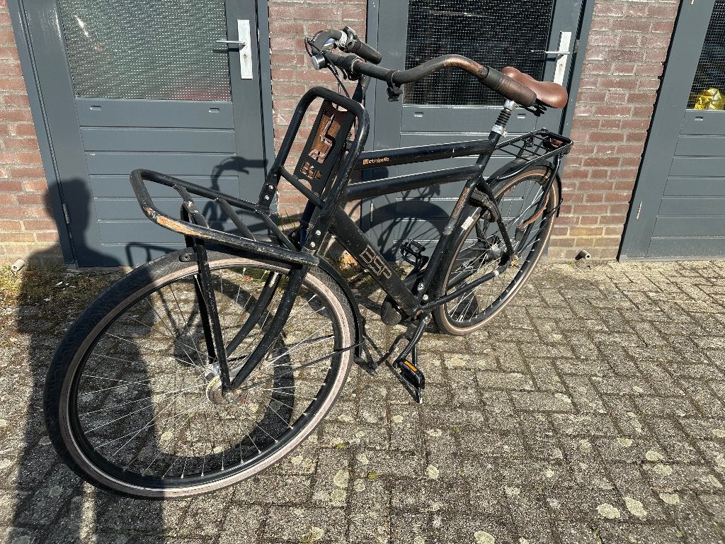 BSP Transportfiets Zwart met Bruin Zadel, Terugtraprem, Gebruikt, Versnellingen, 53 tot 57 cm