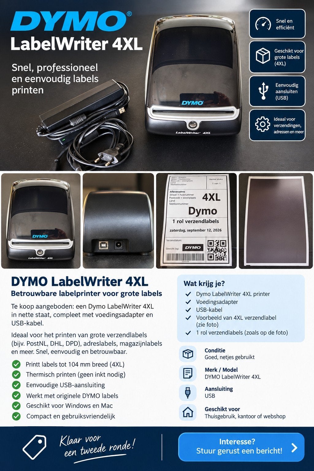 DYMO 4XL LabelWriter, Computers en Software, Zwart-en-wit printen, Dymo, Printer, Ophalen of Verzenden