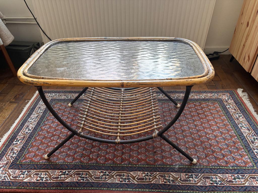 Vintage rotan rohe salontafel - wolk glas, Ophalen, Gebruikt, Minder dan 50 cm, 50 tot 100 cm