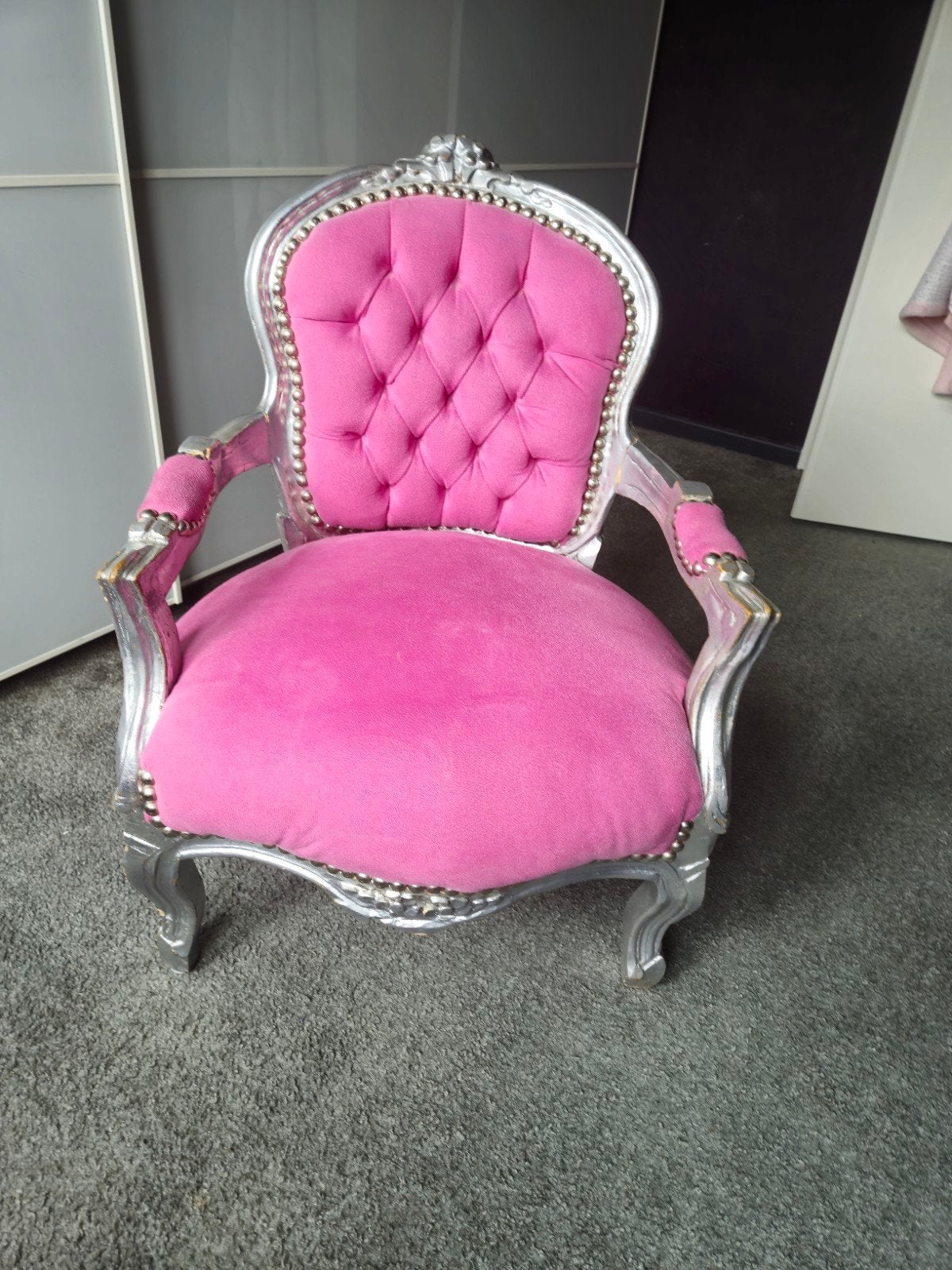 Barok stoel kinder  roze met zilveren frame, Ophalen, Gebruikt, Stoel(en)