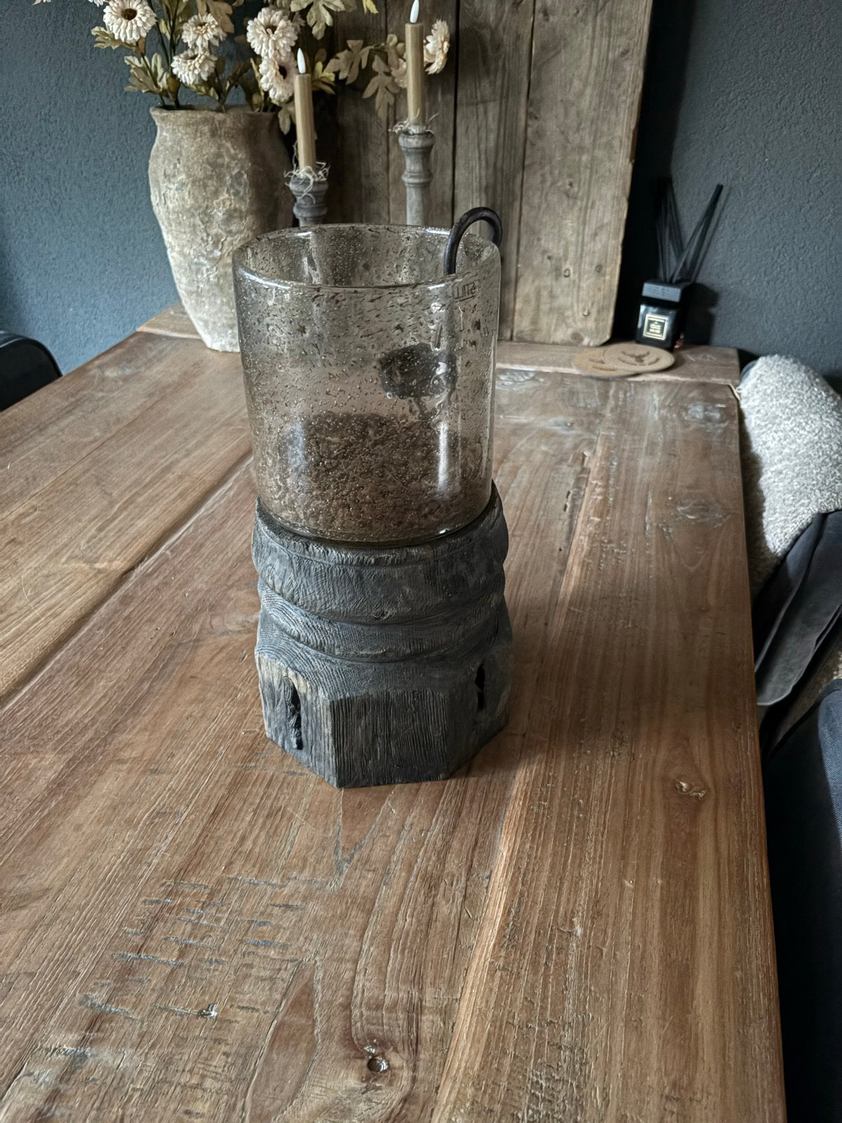 Robuuste kaarsenhouder met bubbeltjes glas - Sobere stijl, Huis en Inrichting, Woonaccessoires | Kandelaars en Kaarsen, Gebruikt