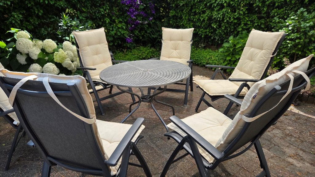 Famous tuinset 6 stoelen, Ophalen, Gebruikt, 6 zitplaatsen, Aluminium