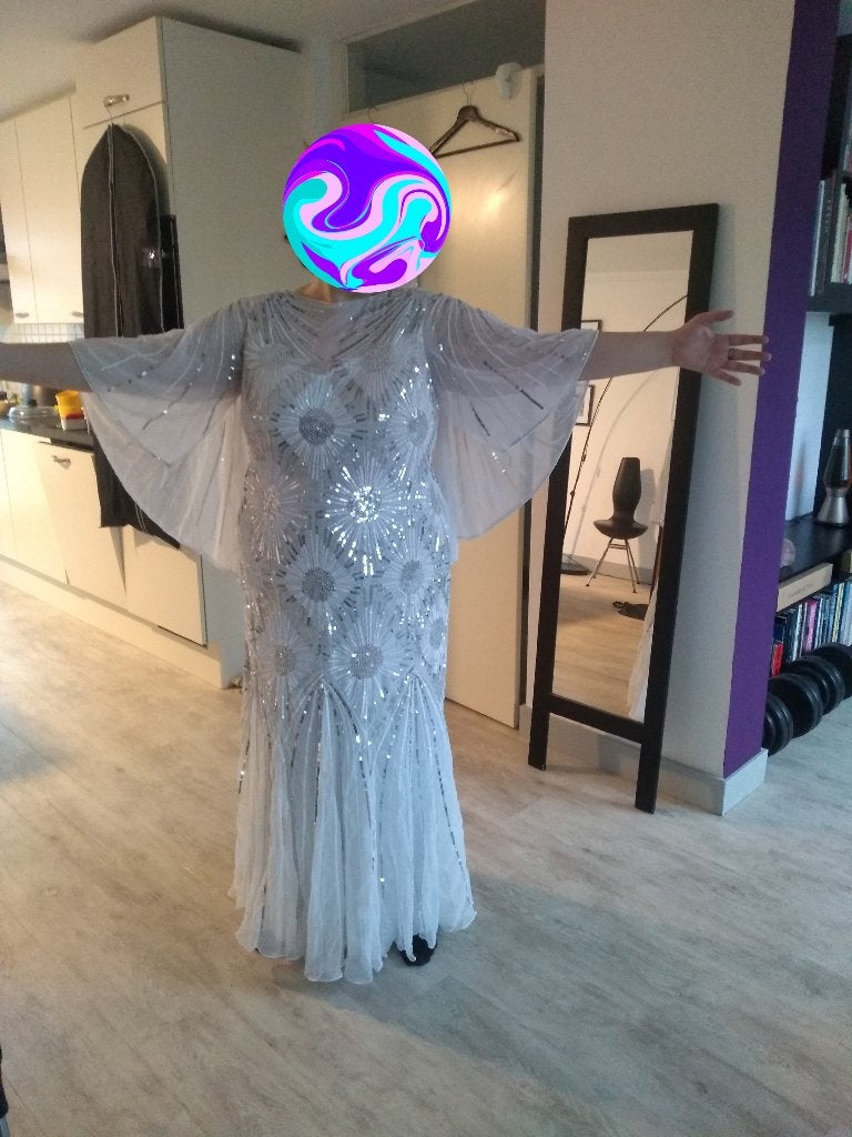 Trouwjurk wit pailletten zilver kraaltjes maat 50-52, Kleding | Dames, Ophalen of Verzenden, Zo goed als nieuw, Wit, Trouwjurk