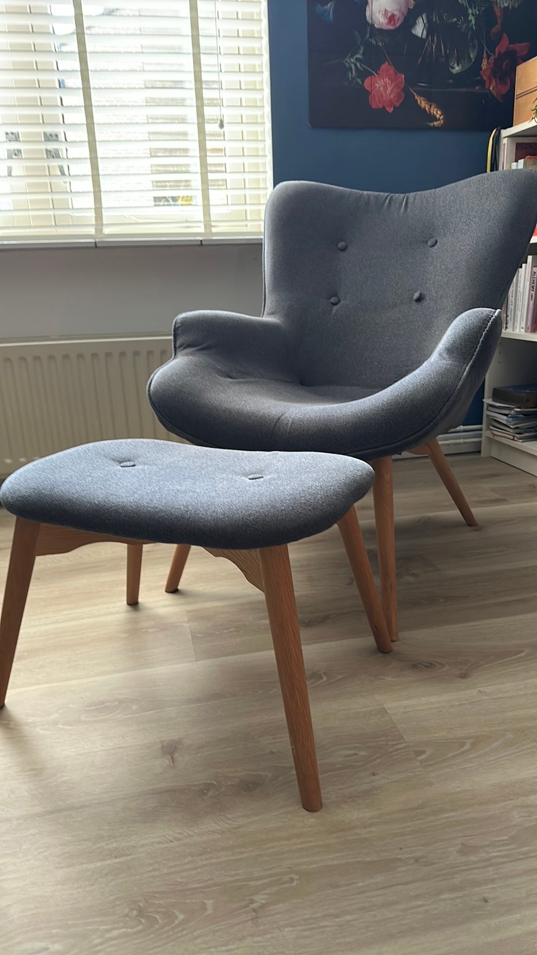 Grijze fauteuil met voetbankje - Gebruikt, goede staat, Ophalen, Gebruikt, Stof
