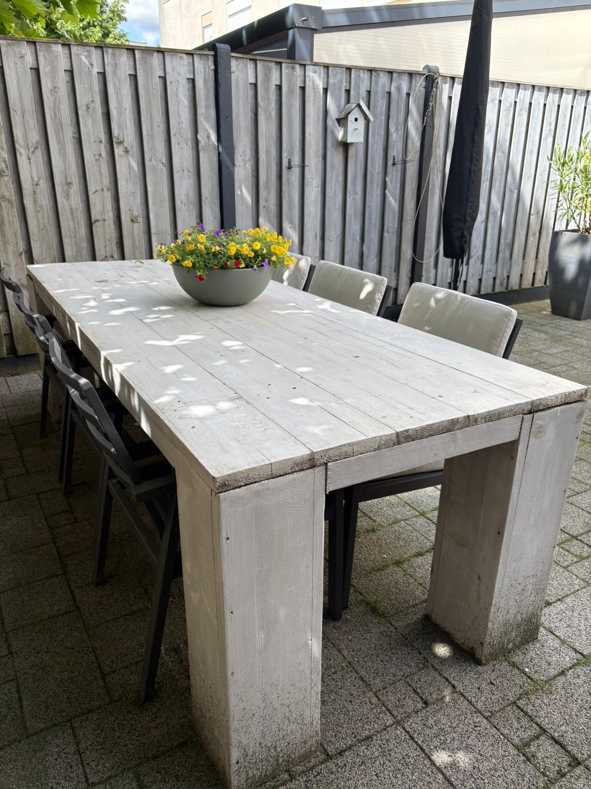 Steigerhouten tuintafel met stoelen, Ophalen, Gebruikt, Eettafel, 6 zitplaatsen