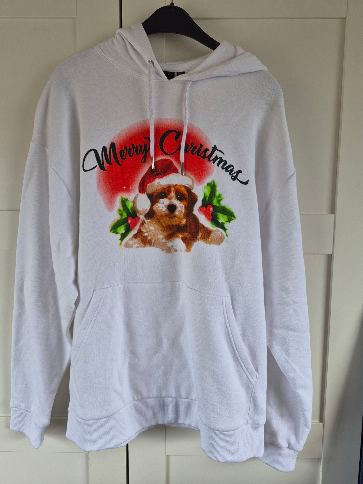 Witte hoodie met 'Merry Christmas' en hond print, Maat 48/50 (M), Wit, Nieuw, Ophalen of Verzenden