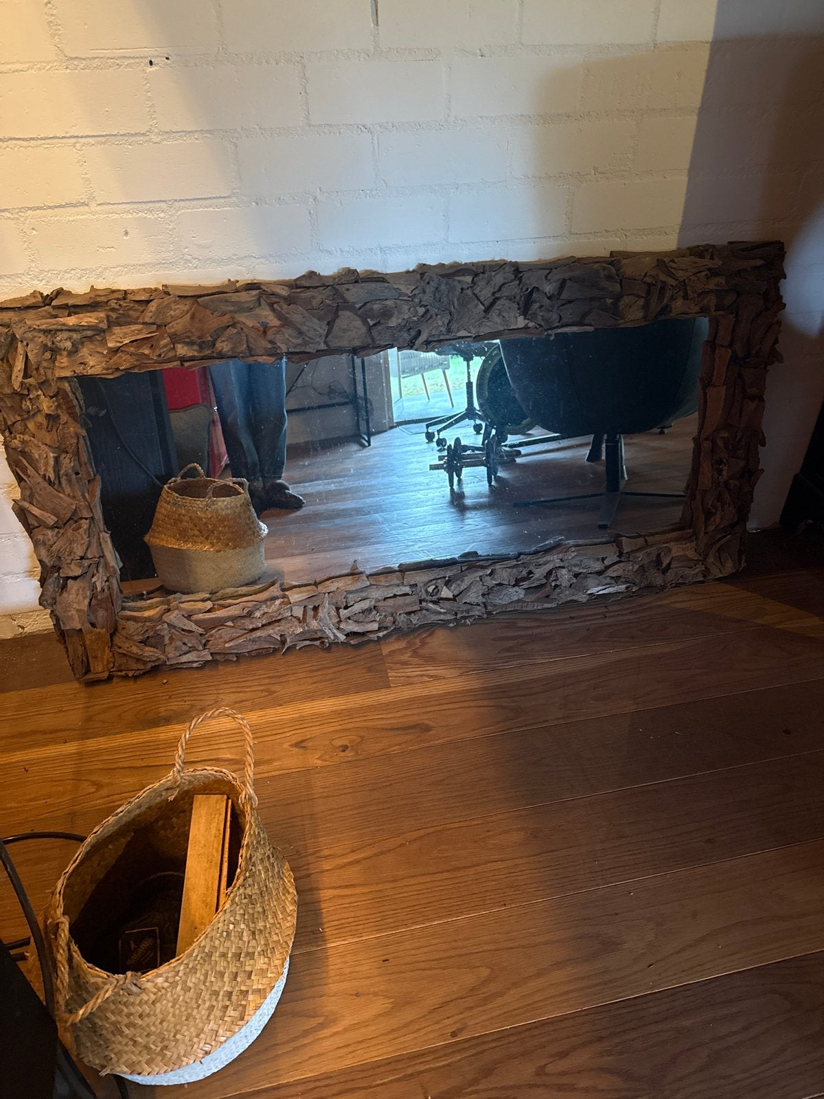 Grote spiegel met unieke houten lijst, Ophalen, Gebruikt, Rechthoekig, 125 cm of meer