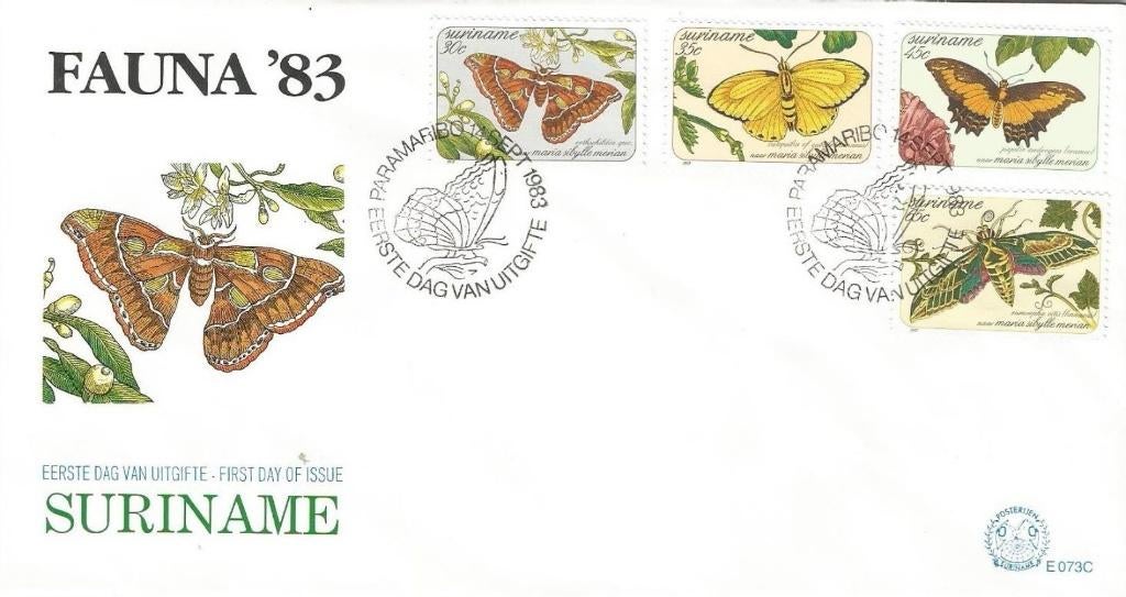 Suriname 1983 - FDC E73c - Fauna Vlinders, Ophalen of Verzenden, Gestempeld