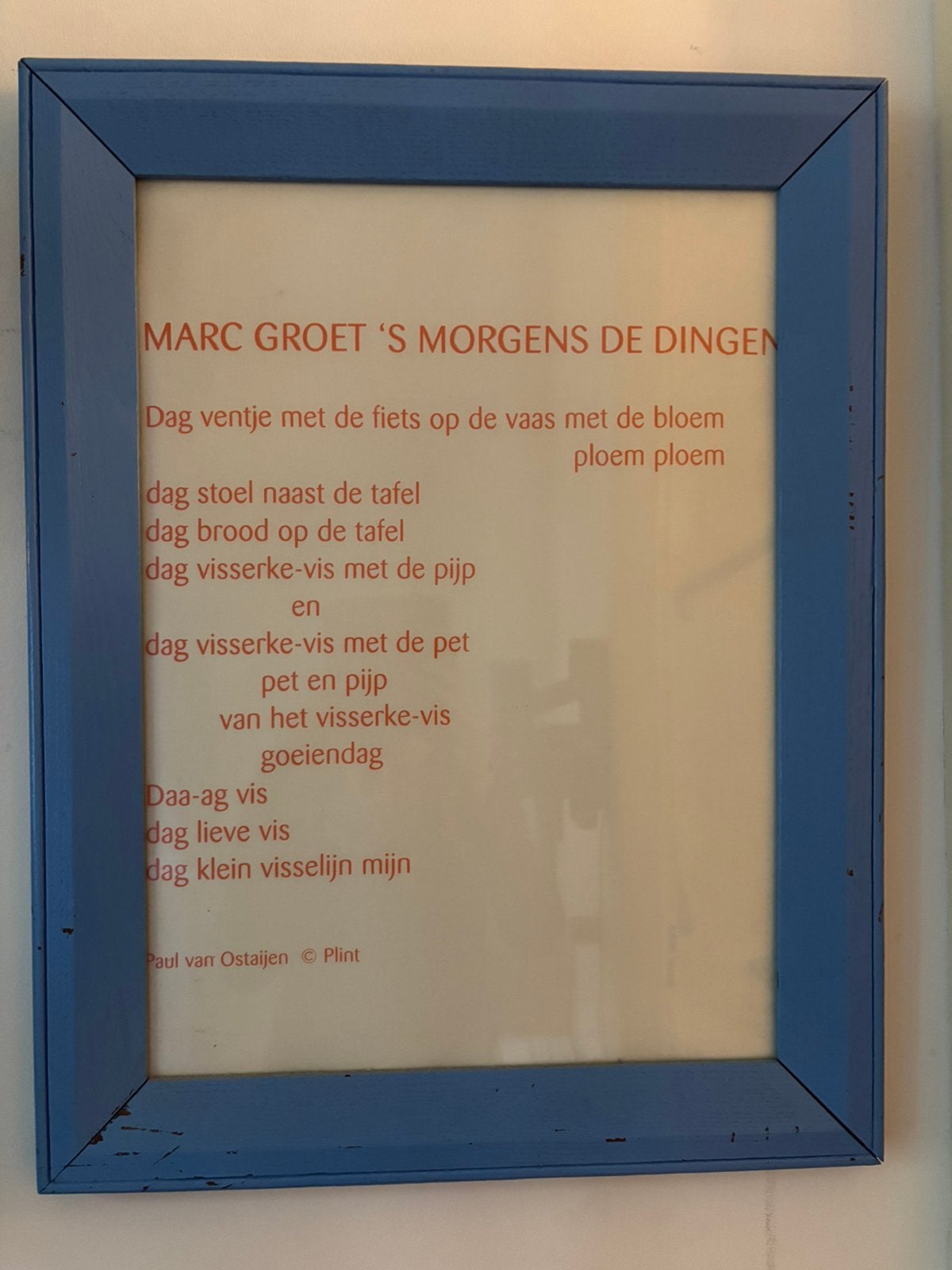 Blauw geverfde schilderijlijst met gedicht (Paul van O.), Ophalen, Gebruikt, Blauw, Schilderijlijst