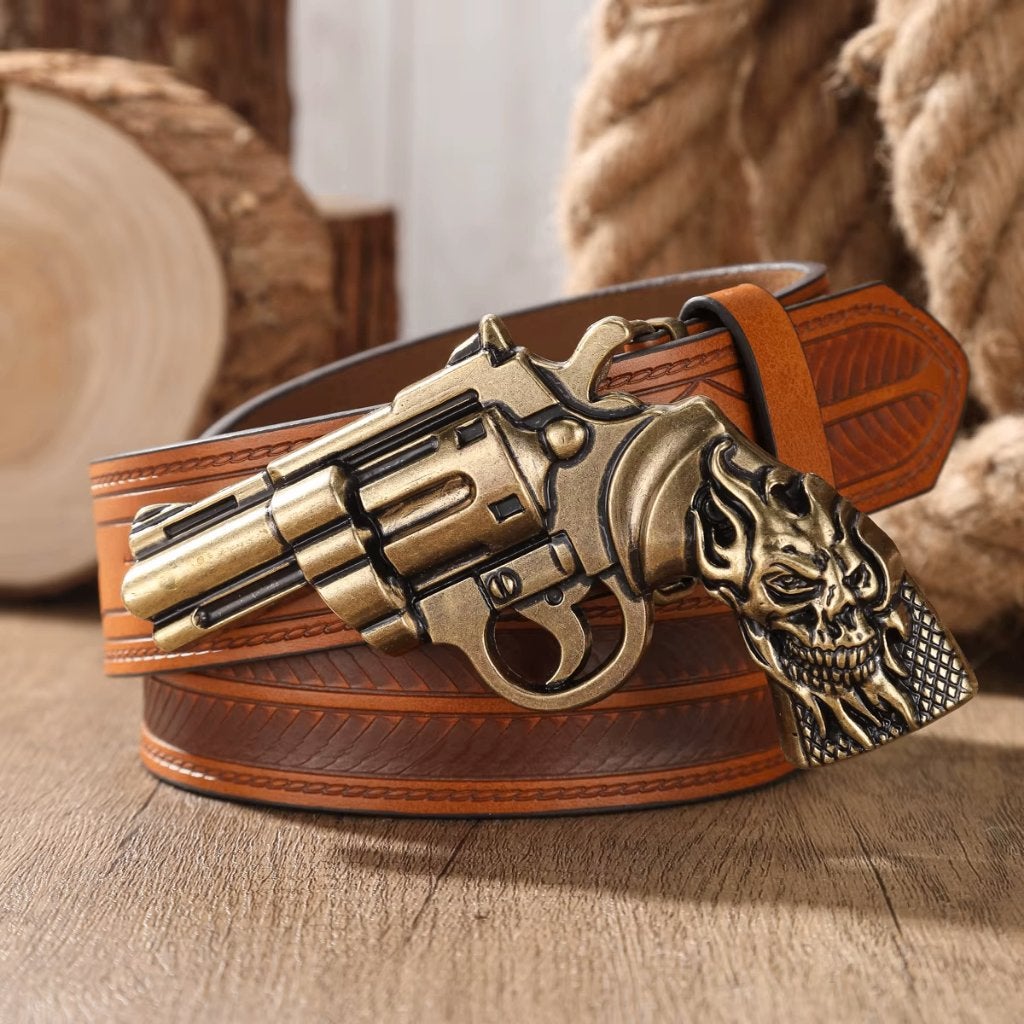 Cognac bruine kunstleren cowboyriem met gouden revolver, Bruin, Verzenden, Nieuw, 115 cm of meer