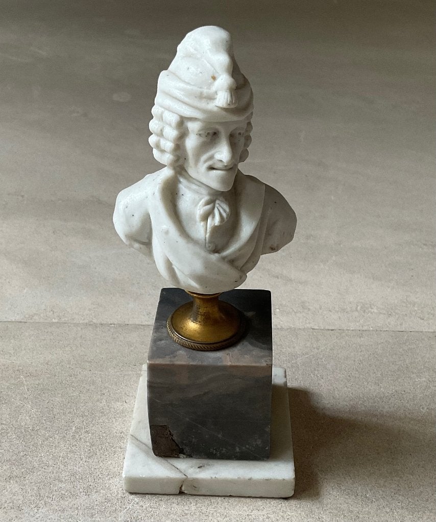 Aparte buste van Voltaire van albast op sokkel van marmer, Antiek en Kunst, Natuurlijk materiaal, Verzenden, Buste, Op sokkel