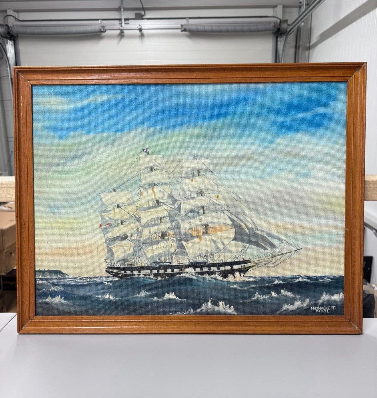 H W Hackett 1971 olieverf kunst Golden Fleece Merchant Schip, Ophalen of Verzenden, Gesigneerd, Olieverf, Maritiem / water