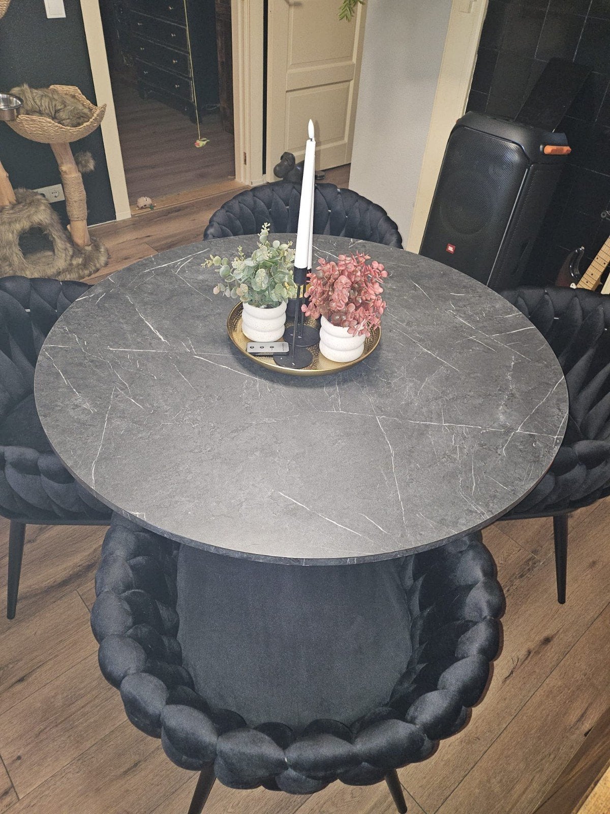 Ronde eettafel marmerlook Ø105 cm – slechts €75!, Tuin en Terras, Ophalen, Zo goed als nieuw, Overige materialen, Eettafel