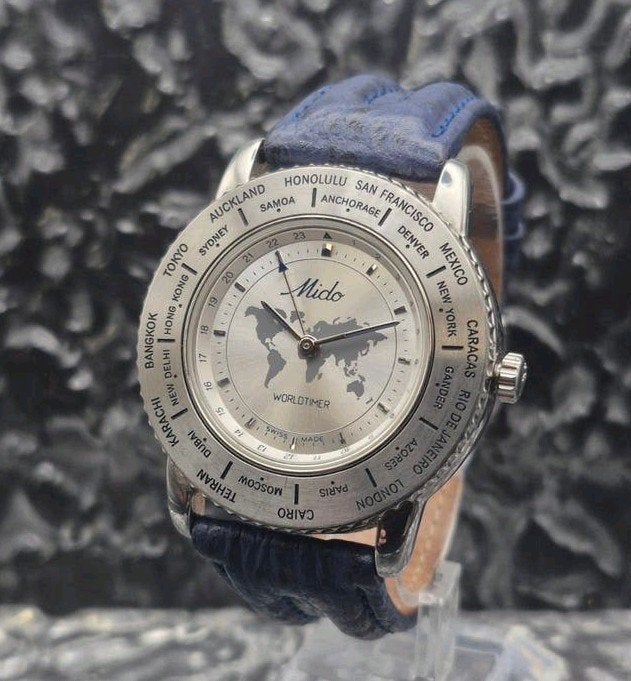 Mido World Timer Ref. 5200 GMT Swiss ETA E10.061 Quartz, Overige merken, Leer, Mido, Polshorloge