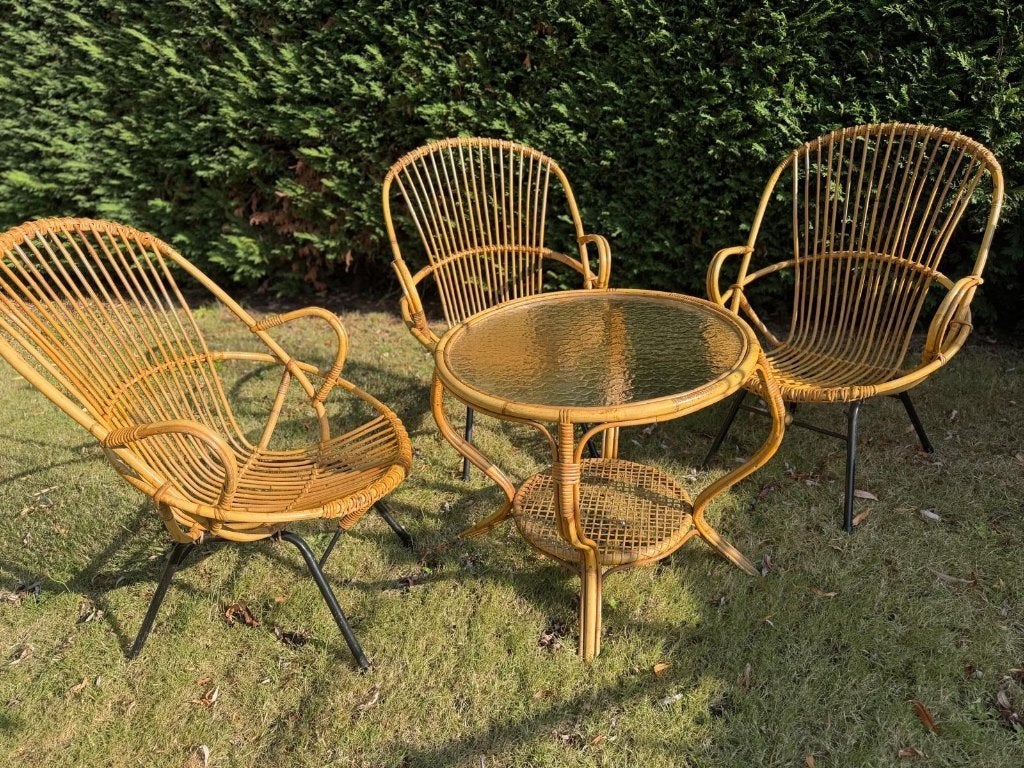 Vintage Rohé Noordwolde rotan tuinset 3 stoelen tafel krukje, Huis en Inrichting, Stoelen, Ophalen, Gebruikt, Riet of Rotan, Drie