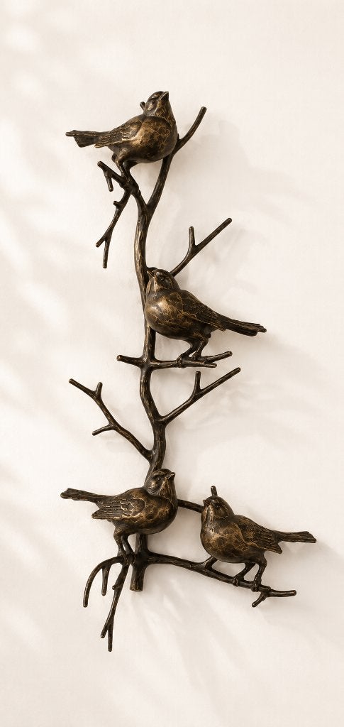 4 VOGELS OP TAK / BRONS / WANDHANGER