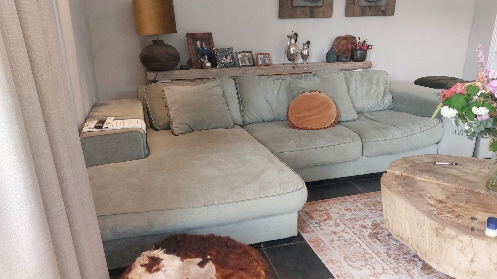 Groengrijze loungebank van Rofra Home (3.17m), Gebruikt, 100 tot 125 cm, Hoekbank, 300 cm of meer