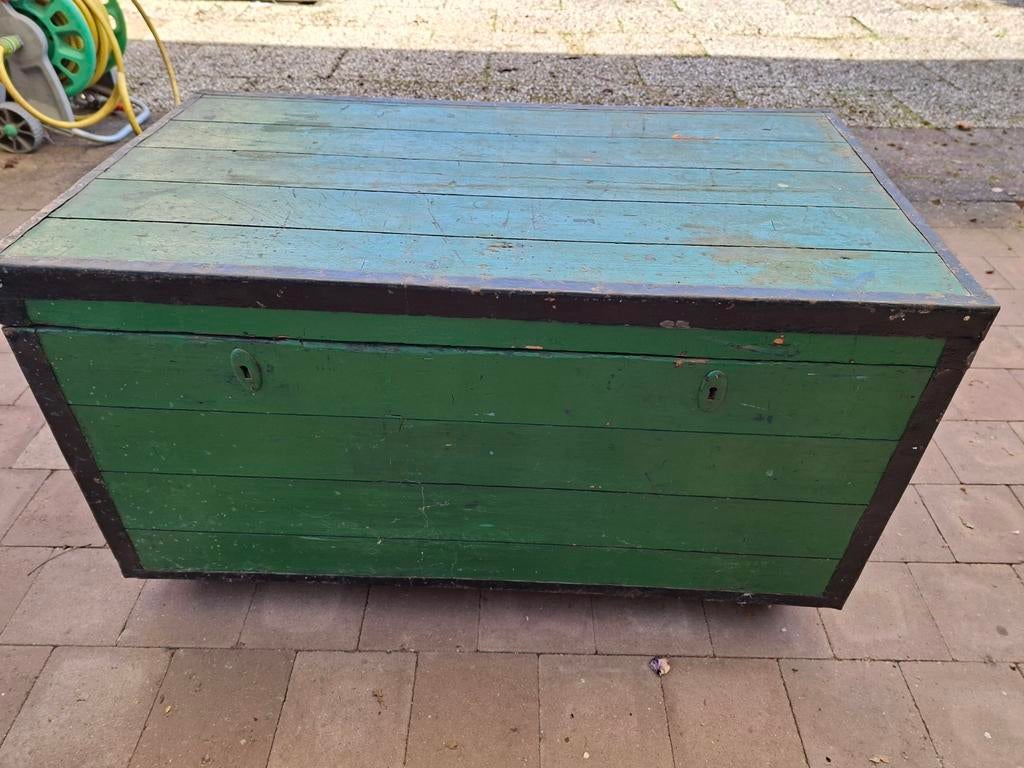 Groene dekenkist met patroon aan de binnenkant, Huis en Inrichting, Woonaccessoires | Kisten, Ophalen, Gebruikt, 50 tot 100 cm