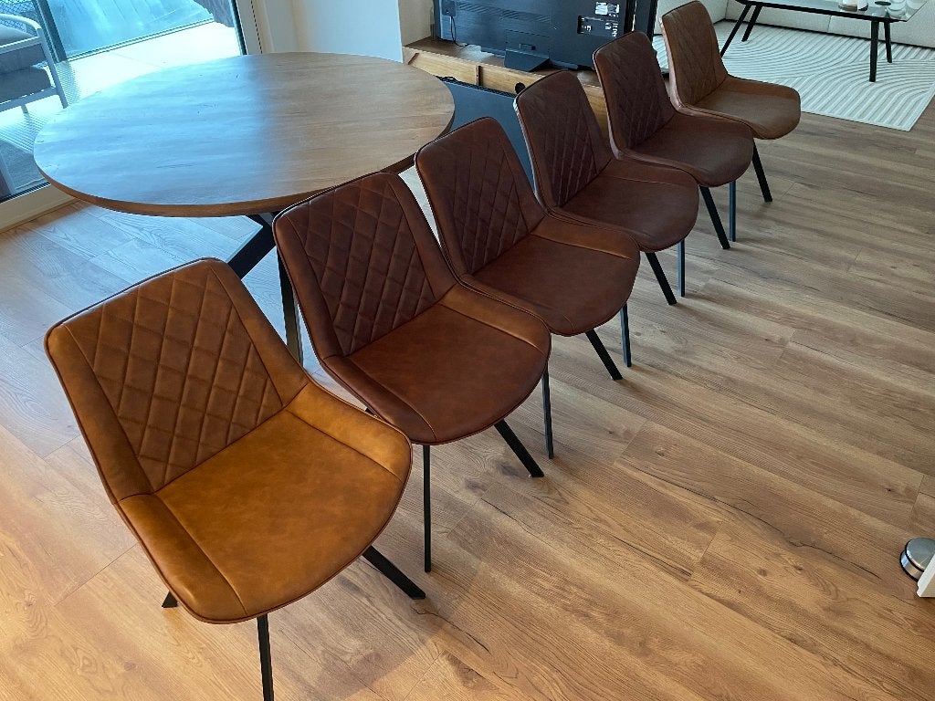 Eetkamerstoel Harvey - lederlook - cognac & bruin (6 stuks), Huis en Inrichting, Stoelen, Ophalen, Gebruikt, Bruin, Industrieel